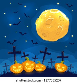 Halloween background with Jack O Lanterns. Smiling pumpkins on a cemetery and full Moon on night sky with bats, illustration.