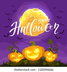 Halloween background with Jack O Lanterns. Smiling pumpkins on grass and full Moon on purple night sky with bats. Lettering Happy Halloween, illustration.