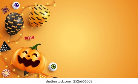 Halloween background with jack-o'-lantern, balloons, candy, and party decorations. Orange backdrop with copy space.