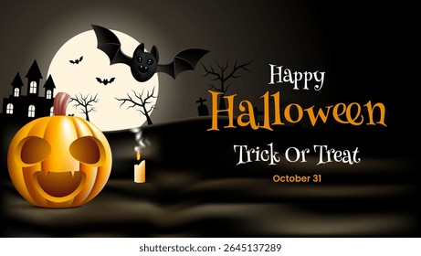 Halloween background with jackolantern, bats, and castle. Perfect for spooky holiday designs like invitations, posters, and social media posts.