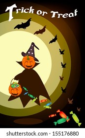Halloween Background of Jack-o-Lantern Pumpkin in Halloween Costume Holding Hand with Hard Candy Basket, Sign for Halloween Celebration 