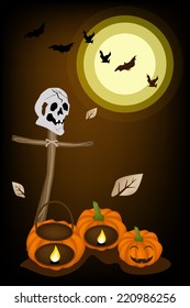 Halloween Background of Jack-o-Lantern Pumpkins and Pumpkin Baskets with Wooden Cross and Human Skulls, Sign for Halloween Celebration 