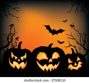 A Halloween background with jack-o-lanterns, bats, and crows.