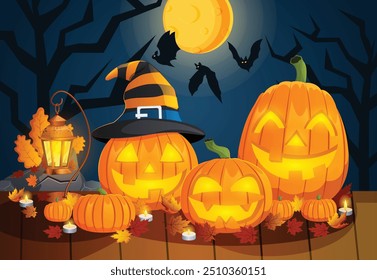 Halloween Background with Jack-O`-Lanterns Pumpkins, Candles and Autumn Leaves on Rustic Wooden Surface Against Moonlit Night Sky with Bats - All Hallows Eve 