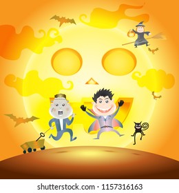 Halloween background. Kid dress up Halloween party and jumping in the air