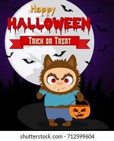 Halloween background with kid werewolf.Vector illustration