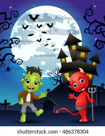 Halloween background with kids frankenstein and red devil .Vector illustration
