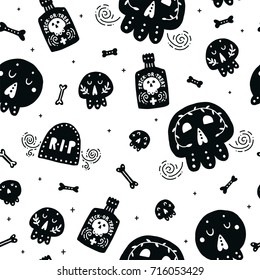 Halloween background, kids seamless patterns. Vector scrapbook paper with skulls and bones. Black and white