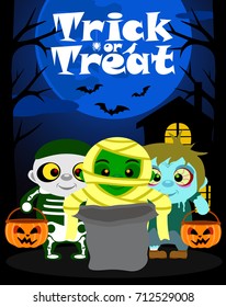 Halloween background with kids trick or treating in Halloween costume 