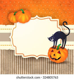 Halloween background with label, pumpkins and cat. Vector illustration 
