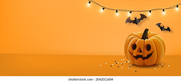 Halloween background with lamps light, pumpkin and Halloween Elements on orange color background.Website spooky,Background or banner Halloween template