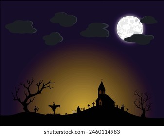 Halloween background. Halloween landscape with castle and cemetery.