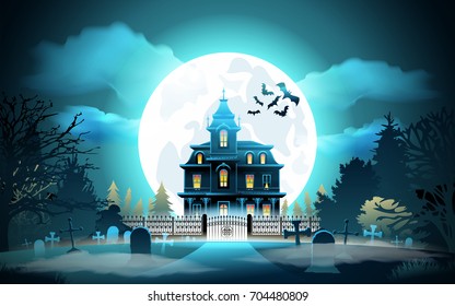 Halloween background. Halloween landscape with castle and cemetery. Vector illustration