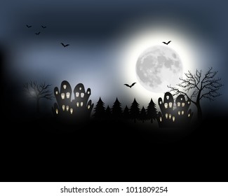 Halloween background. Halloween landscape with full moon. Mysterious vector illustration. 