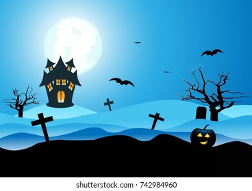 Halloween background. Landscape of graveyard with old scary house, dead tree and pumpkin, illustration.
