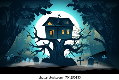 Halloween background. Halloween landscape with haunted horror house on a tree. Vector illustration