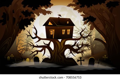 Halloween background. Halloween landscape with haunted horror house on a tree. Vector illustration