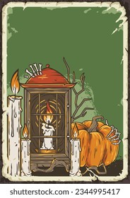 Fondo de Halloween con linterna y calabaza para afiche de octubre. Llama de la noche, vela de fuego y mano de esqueleto para una fiesta de halloween feliz