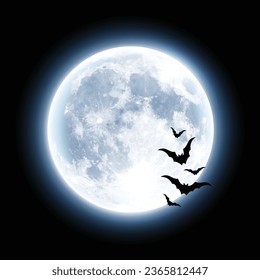 Halloween background. A large blue moon on a black sky and bats against the background of the moon. Detailed illustration.