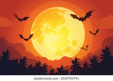 Plano de fundo de Halloween com uma grande lua cheia e vários morcegos pretos