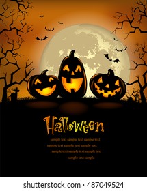 Halloween background with laughing pumpkins and a full moon