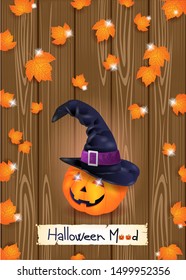 Halloween background with leaves, pumpkin and witch's hat on wood. Vector illustration eps10