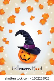 Halloween background with leaves, pumpkin and witch's hat. Vector illustration eps10