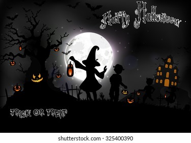 Halloween background with a little girls on the full moon. Vector