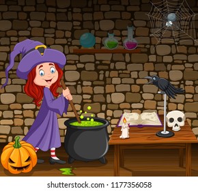 Halloween background with little witch stirring magic potion 