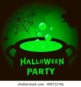 Halloween Background with Magic Cauldron, Witch, Spider and Cobweb. Happy halloween greeting card. Vector illustration.