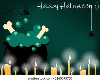 Halloween background of magic potion with bones in  black cauldron with many candles, spiders with cobweb and Happy Halloween text on green background. Vector illustration.