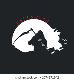 Halloween background - a man silhouette of black scary scytheman standing on night full moon. vector