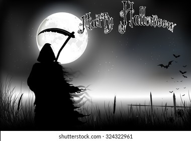 Halloween background with man silhouette of black scary scythe man standing on night full moon. vector