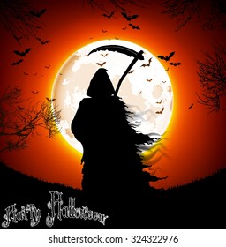 Halloween background -  a man silhouette of black scary scythe man standing on night full moon. vector