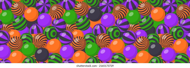 Halloween background with many beach balls, bubble gum or round candies. Vector cartoon seamless pattern with pile of striped sweet dragee or gumballs in black, purple, green and orange colors