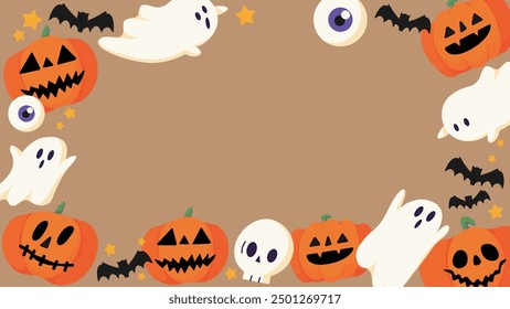 Halloween background material. There are jack-o'-lanterns, bats, ghosts and skeletons and eyeball.