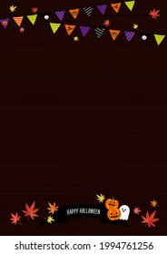 Halloween background material. Wood grain black background. flag, hanging decoration, autumn leaves (vertically long)