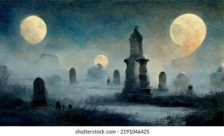 Halloween background  the mist in graveyard and giant red moon