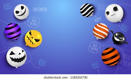 Halloween background modern design. Realistic Halloween air balloons and cute typography decoration on purple background. Vector illustration.