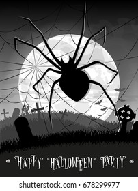Halloween background. Monster spider on old cemetery backdrop on scary moon, bats and graves. Design for concept banner, poster, flyer, cards or invites on party. Cartoon style. Vector illustration.