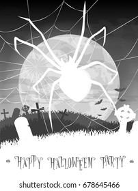 Halloween background. Monster spider on old cemetery backdrop on scary moon, bats and graves. Design for concept banner, poster, flyer, cards or invites on party. Cartoon style. Vector illustration