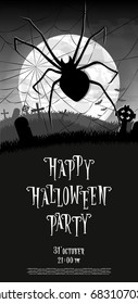 Halloween background. Monster spider on old cemetery backdrop on scary moon, bats and graves. Design for concept banner, poster, flyer, cards or invites on party. Cartoon style. Vector illustration.
