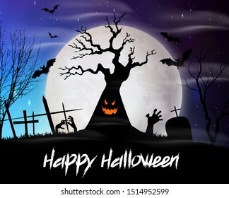 Halloween background with monster tree on the full moon