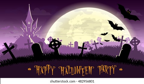 Halloween background  Monsters bats old cemetery backdrop scary castle  moon   graves  Concept for banner  poster  flyer  cards invites party  Cartoon style  Vector illustration