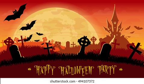 Halloween background. Monsters bats on old cemetery backdrop on scary castle, moon and graves. Concept for banner, poster, flyer, cards or invites on party. Cartoon style. Vector illustration