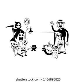 Halloween background, Monsters cartoon doodle, Vector illustration of cute Monsters