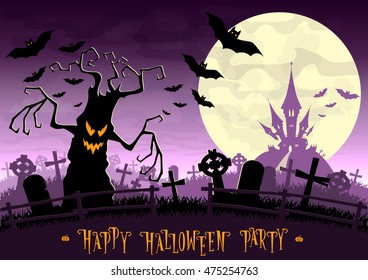 Halloween background. Monsters trees on old cemetery backdrop on scary castle, moon, bats and graves. Concept for banner, poster, flyer, cards or invites on party. Cartoon style. Vector illustration