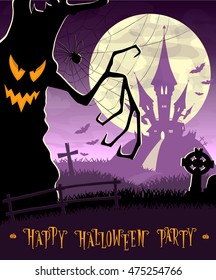 Halloween background. Monsters trees on old cemetery backdrop on scary castle, moon, bats and graves. Concept for banner, poster, flyer, cards or invites on party. Cartoon style. Vector illustration