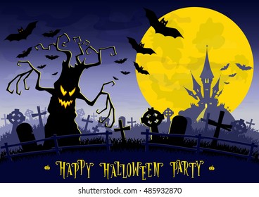 Halloween background. Monsters trees on old cemetery backdrop on scary castle, moon, bats and graves. Concept for banner, poster, flyer, cards or invites on party. Cartoon style. Vector illustration