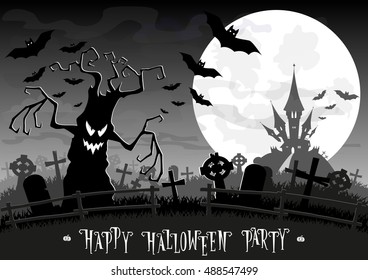 Halloween background. Monsters trees on old cemetery backdrop on scary castle, moon, bats and graves. Concept for banner, poster, flyer, cards or invites on party. Cartoon style. Vector illustration